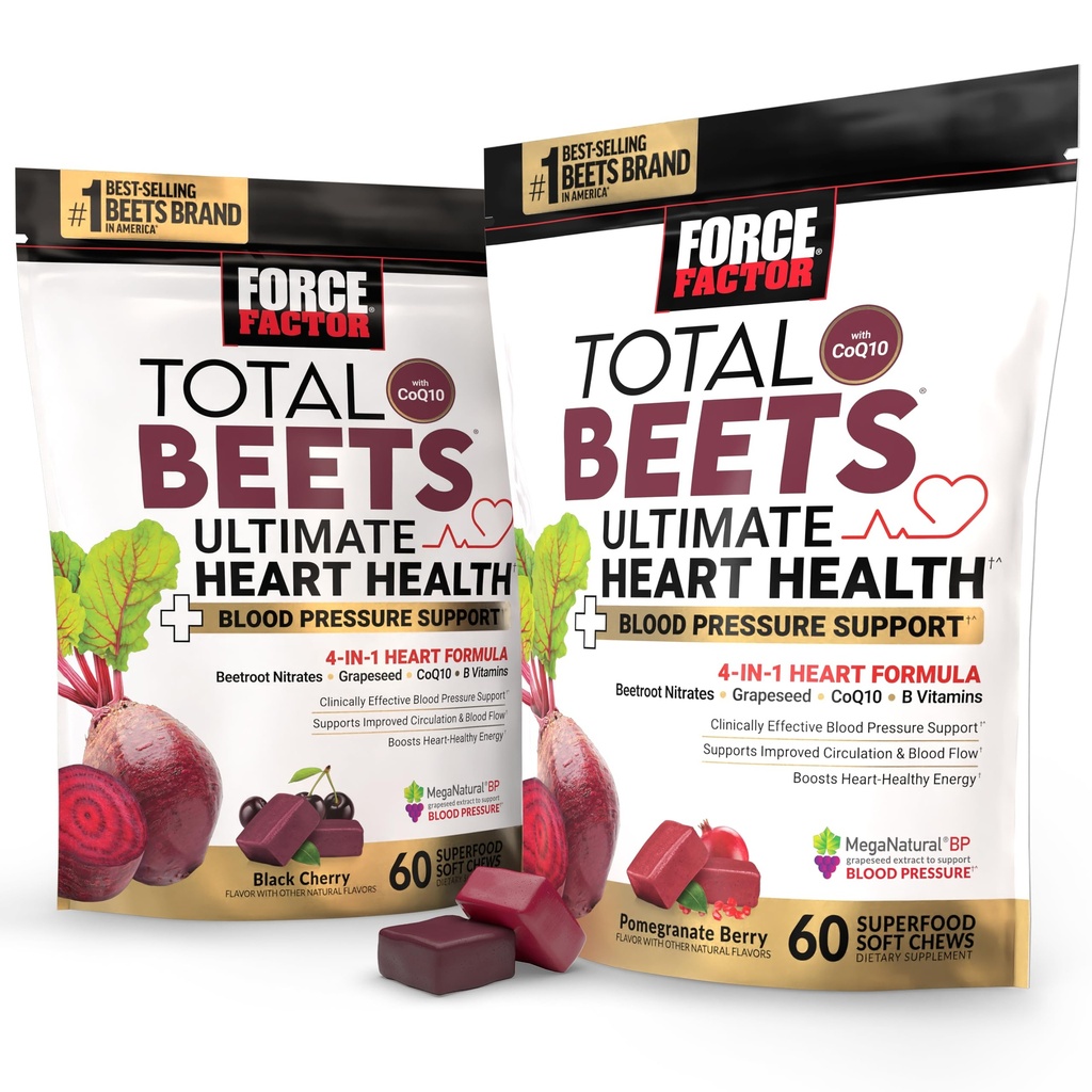 Balení síly Faktor Celkem Beets Ultimate Heart Health Blood Pressure Support Chews with CoQ10, Beet Root Powder, Grape Seed Extract, Krevní tlak dodatek pro oběh a krevní tok, 120 Soft