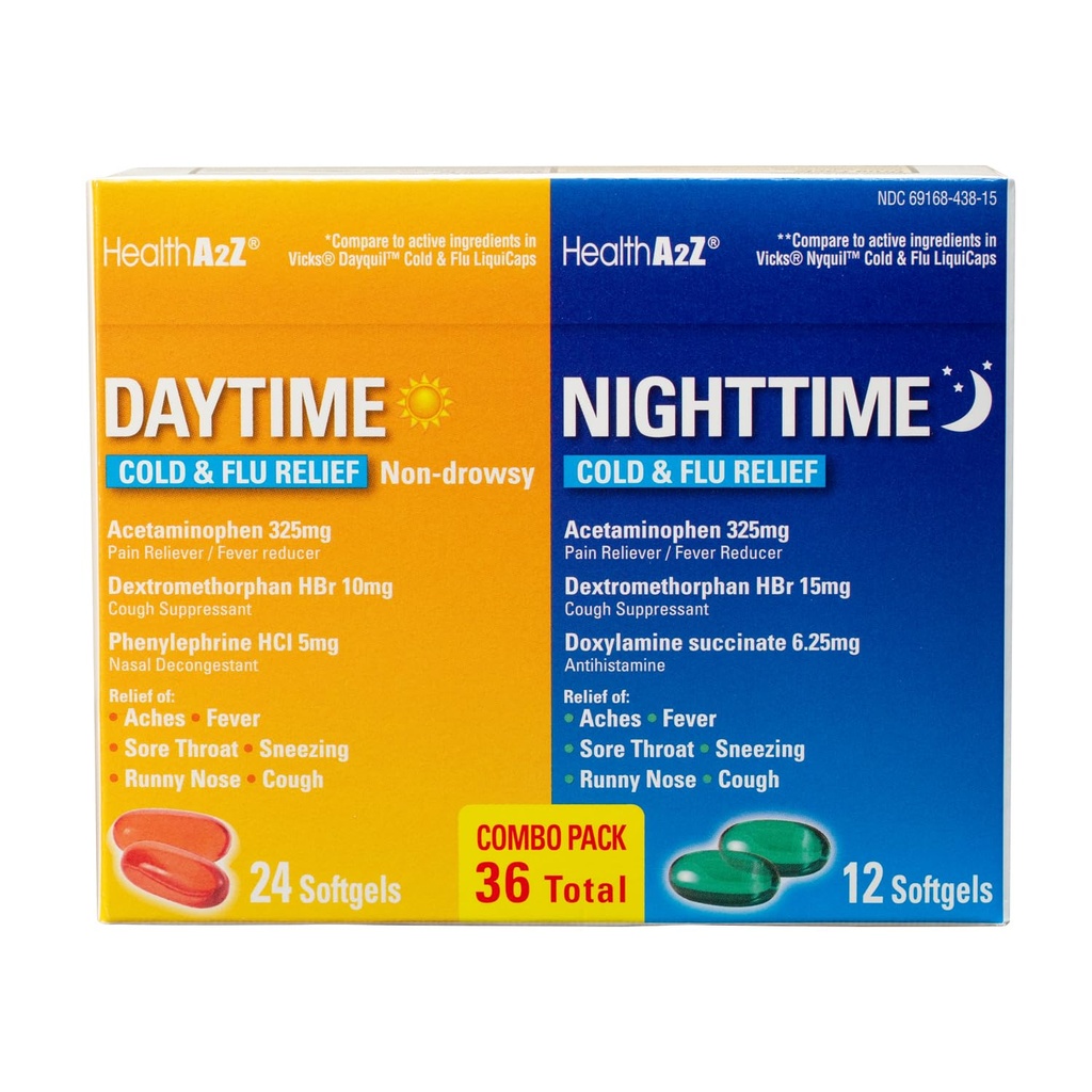 HealthA2Z ® Daytime and Nighttime Is124; Cold & Flu Medicine S124; Powerful Multi- Symptom Daytime and Nighttime Relief (24 Daytime & 12 Nighttime Softgels) (Daytime & Nighttime Combo (36 Count Pack of 1))