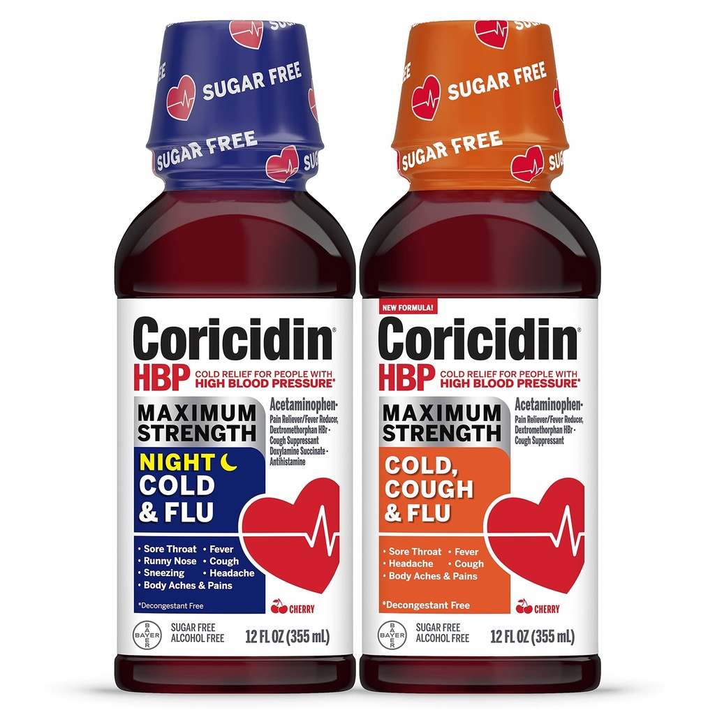 Coricidin HBP Maximální síla studená & Flu den & noc Sugar- Free Liquid Twinpack, Decongestant- Free Cold Medicine pro dospělé s vysokým krevním tlakem -12 Fl Oz (balení po 2)