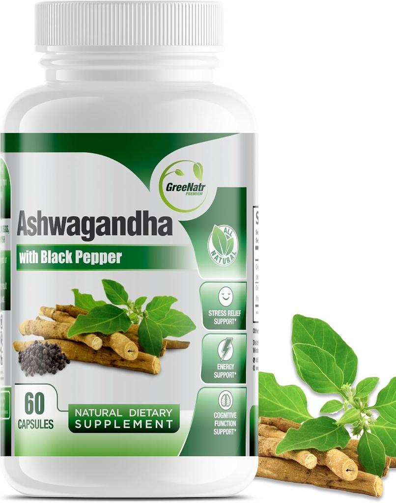 GreeNatr Organic Ashwagandha Kapsle s Black Pepper pro zlepšení absorpce - Mood Enhancer s energetickou a kognitivní funkcí - 1300 mg Veggie Kapsle (1 lahvička)