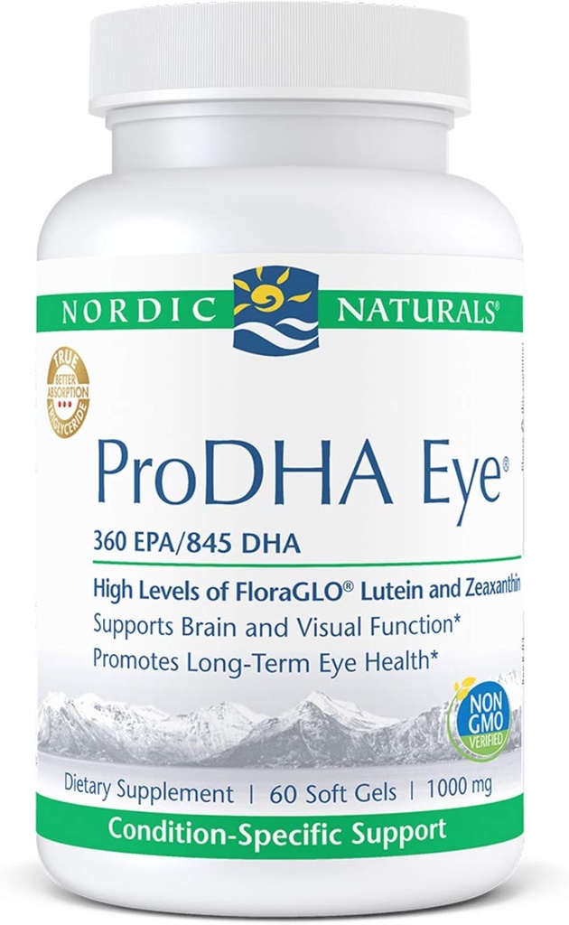 Nordic Naturals ProDHA Eye - Fish Oil, 360 mg EPA, 845 mg DHA, 20 mg FloraGLO Lutein, 4 mg Zeaxanthinu, Podpora neurologické funkce a dlouhodobého zdraví očí *, 60 měkkých gelů