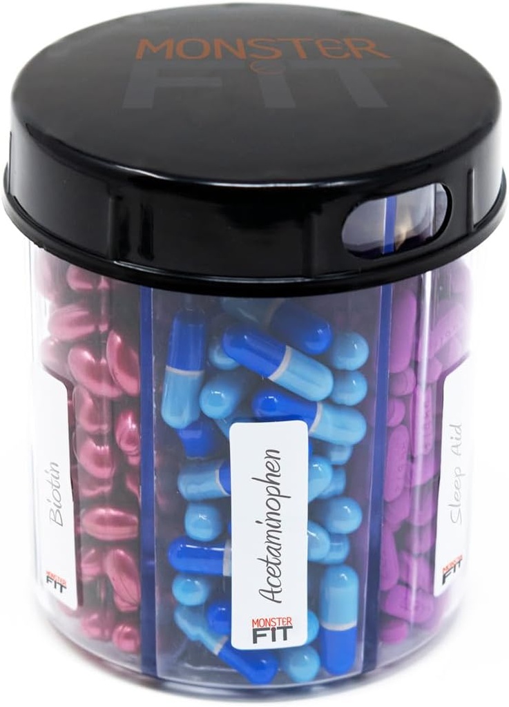 Doplněk Pill Dipenser Lahvička, 6 Kompartment, Štítky, Easy Open, Anti- Mixing, Měsíční vitamin Organizátor, Monster Fit Jr Držák léků (jasné, malé)