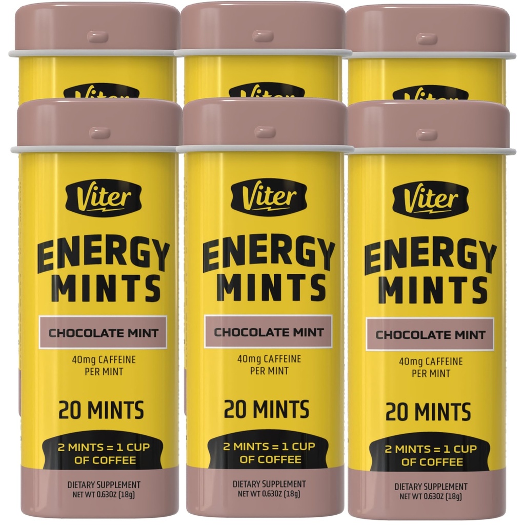 Viter Energy Caffeinated Mints 40 mg kofein, B vitaminy, bez cukru. (Čokoládová mincovna, 20ks, 6 balení)