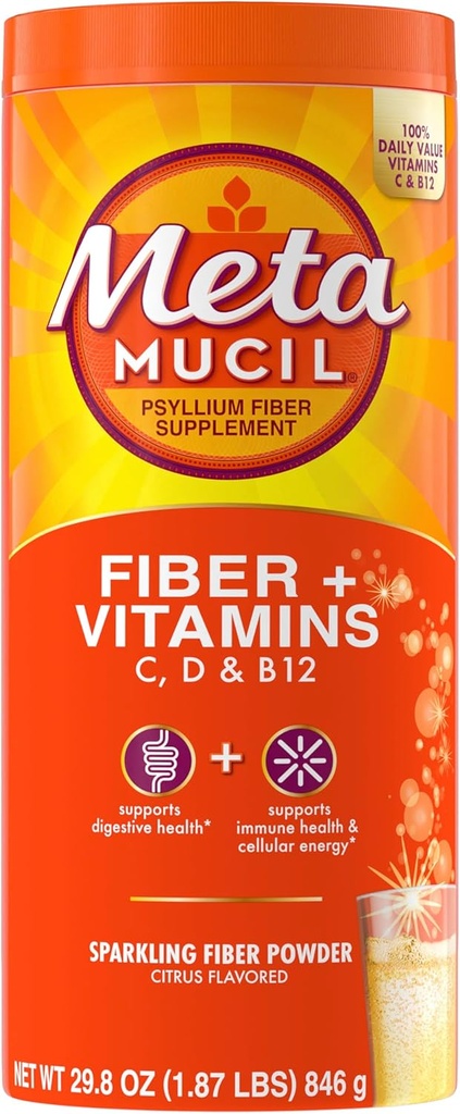 Metamucil Sparkling Fiber Dodatek + Vitamíny, Plant based Psyllium Husk Powder with Vitamíny C, D & B12, Denní Fiber dodatek pro stravovací zdraví, Citrus ochucené, Sugar- Free, 90 Služebné