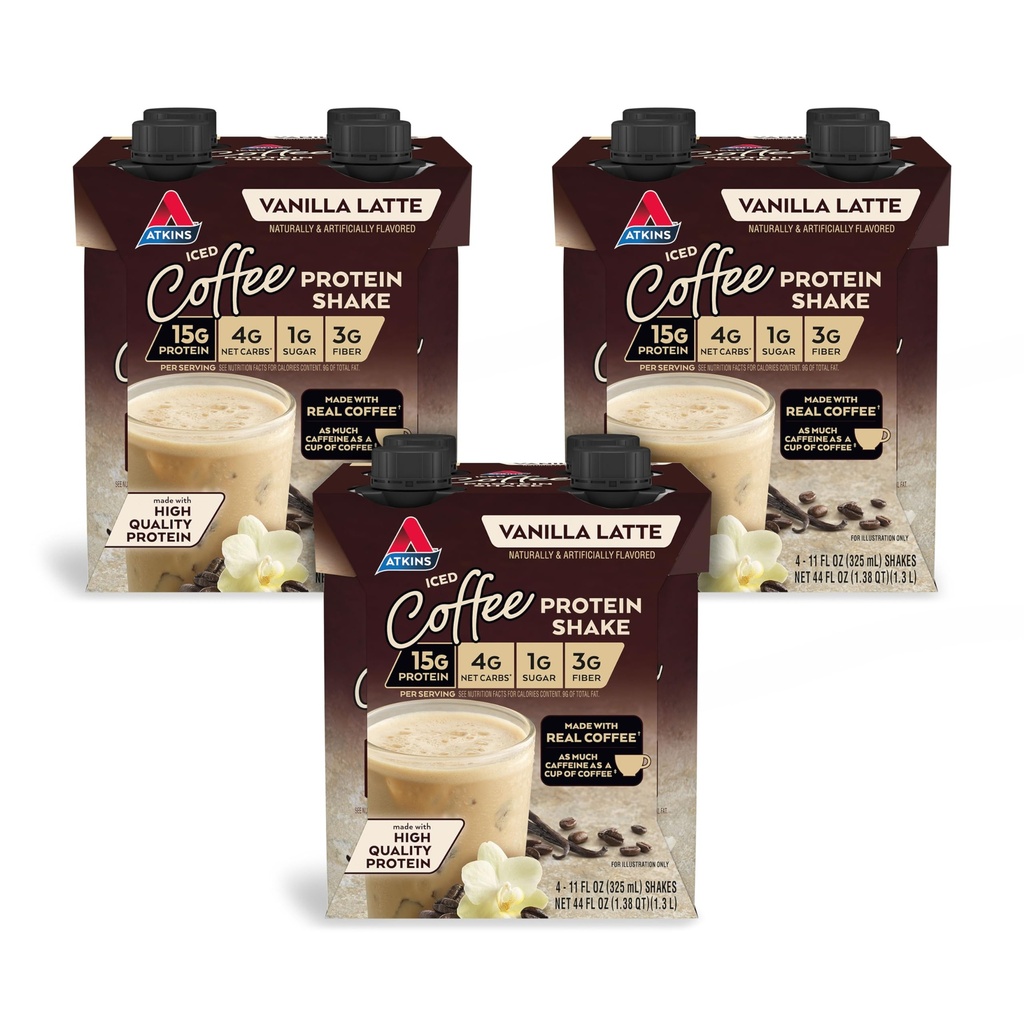 Atkins Iced Coffee Vanilla Latte Protein Shake, 15g Protein, Low Glycemic, 4g Net Carb, 1g Cukr, Keto Friendly, 12 balení po 11 fl Oz