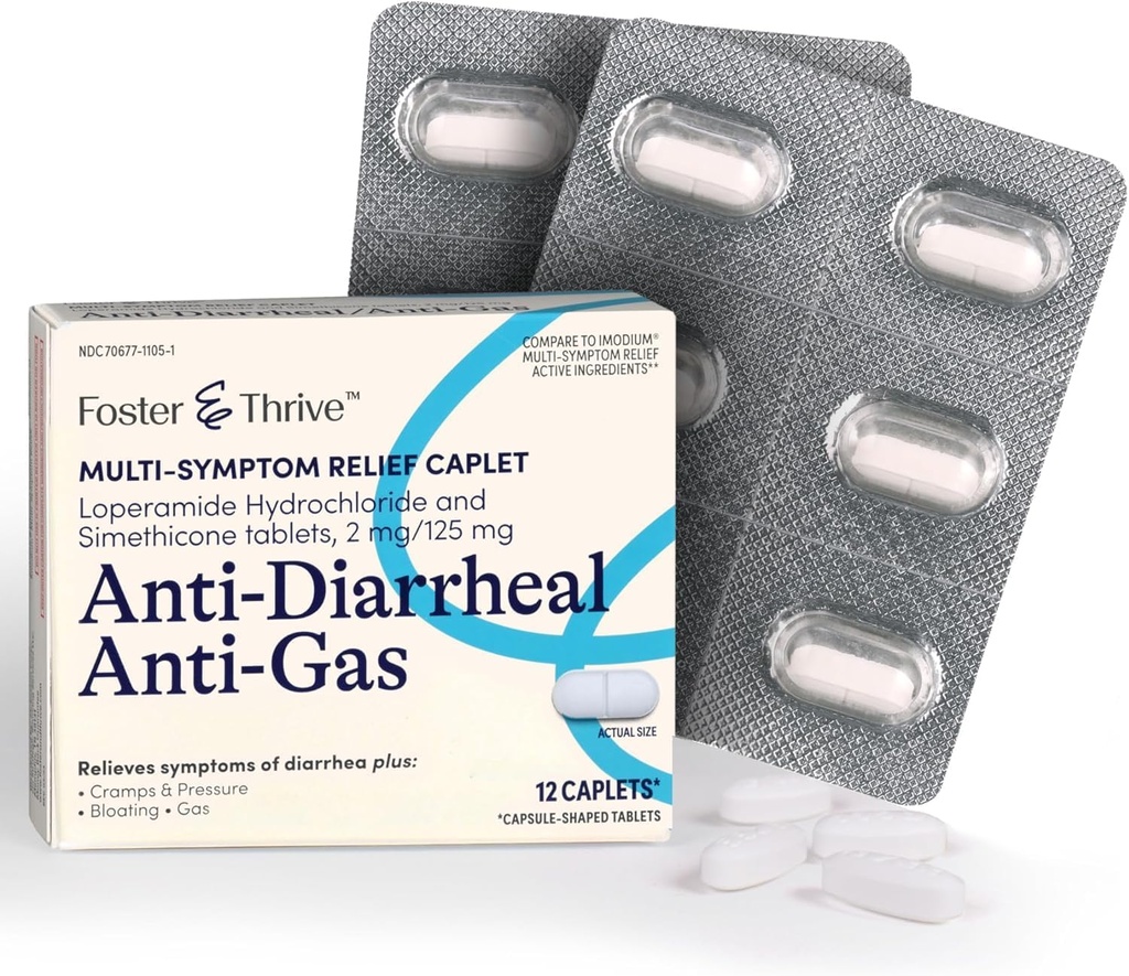 Foster & Thrive Loperamid Hydrochlorid a Simethicone Anti- Diarrheal Anti- Gas Multi- Symptom Relief, 48 Caplet, Léčba průjem, plyn, Bloating, křeče & tlak, 12 Caplet (balení po 4)