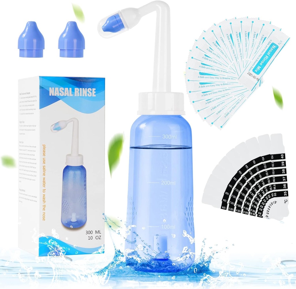 URAQT Neti Pot, Nasal Rinse Kit Nose Wash Cleaner, 300ml Sinus Rinse Lahev s 20 Nasal Wash Salt Packets a 10 Teploměr Nálepka, Tlak Rinse Nasal zavlažování pro dospělé a Kid BPA zdarma