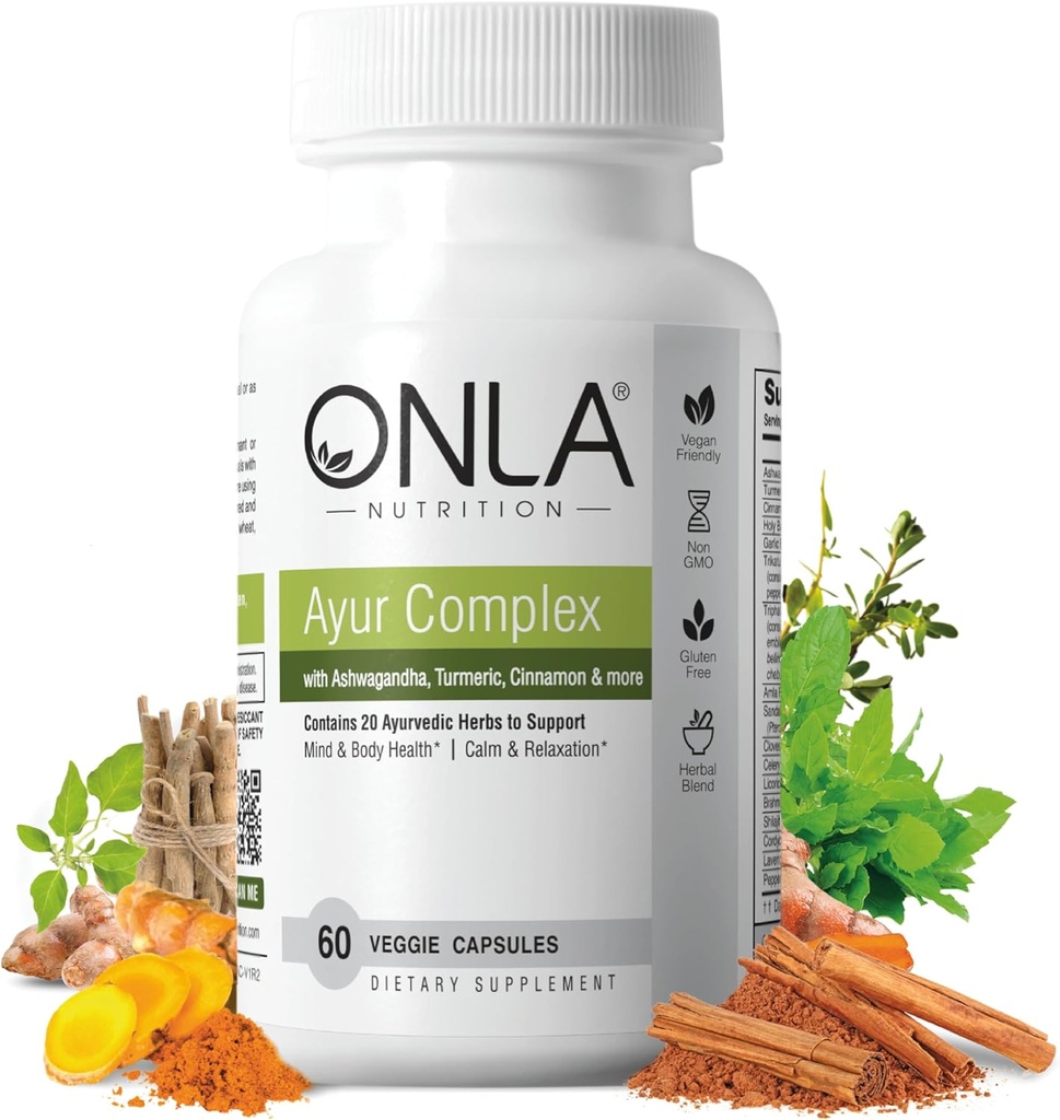 ONLA Vegan Ayurveda Bylinné doplňky (20- in-1 Bylinné kapsle) - Turmerické doplňky s Ashwagandha, Skořice, Triphala, Brahmi - Přírodní přísady, Bylinné energetické doplňky (60 Cap)