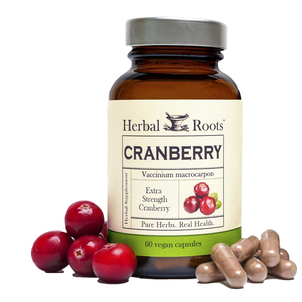 Bylinné kořínky Extra síla Cranberry pilulky pro ženy a muže s organickou kopřivkou 124; Močový Trakt Zdraví 124; 60 Vegan Kapsle