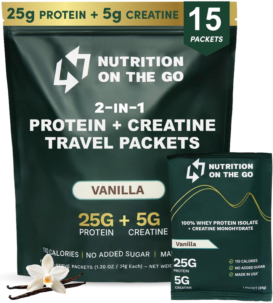 Nutrition On The Go Whey Protein Isolate Packets with Creatine - 25g Protein + 5g Creatine - Single- Serve Travel Protein Powder - Vanilla (15- Pack)
