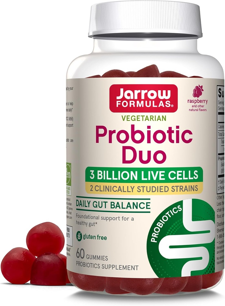 Jarrow Diplomas ® Probiotic Duo, 3 miliardy živých buněk dodatek pro imunitní zdraví a stravovací podporu, 60 Malina Flavor Probiotické gumy, 30 Den Dodávka