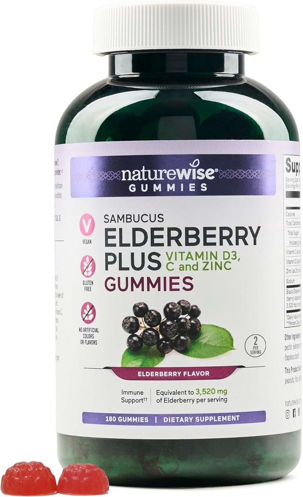 NatureWise Sambucus Elderberry Gummies - Imunitní podpůrný dodatek pro děti ve věku 4 + a dospělé s vitaminem C, D3, zinek - bezinky Ekvivalentní k 3520mg - Vegan, Non- GMO - 180 Počet [90- Day Supply]