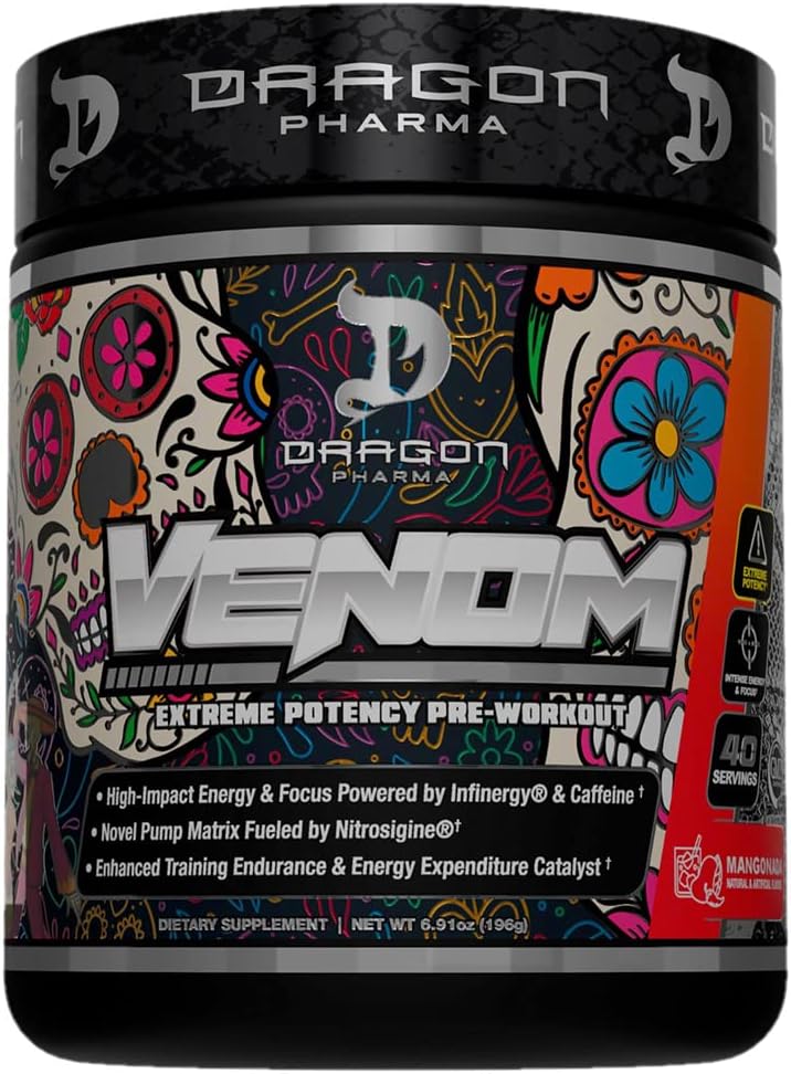 DRAGON PHARMA Venom Extreme Potency Pre- Workout, Laser Sharp Focus + Energy, Intenzivní výkon, Proven Ingredients for Enhanced Vasodilation & Endurance (40 Služeb, Mangonada)