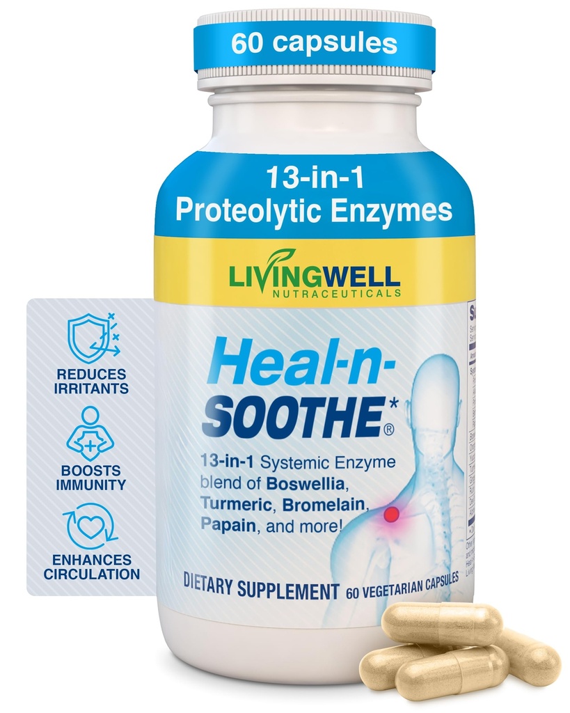 HEAL- N- SOOTHE Společné podpůrné doplňky - Proteolytické enzymy jako Bromelain & Papain, s boswellia, turmeric & Ginger- Promotes Protein Digestive Function & Body Defense Wellness- 60 Počet (1 balení)