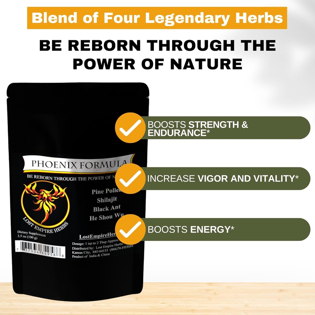 Phoenix Omlazovací Formule - Ztracené říše Byliny Energie Směs 4 Top přírodní zdraví Byliny Pine Pollen, He Shou Wu, Ant, a Shilajit (100g Powder)