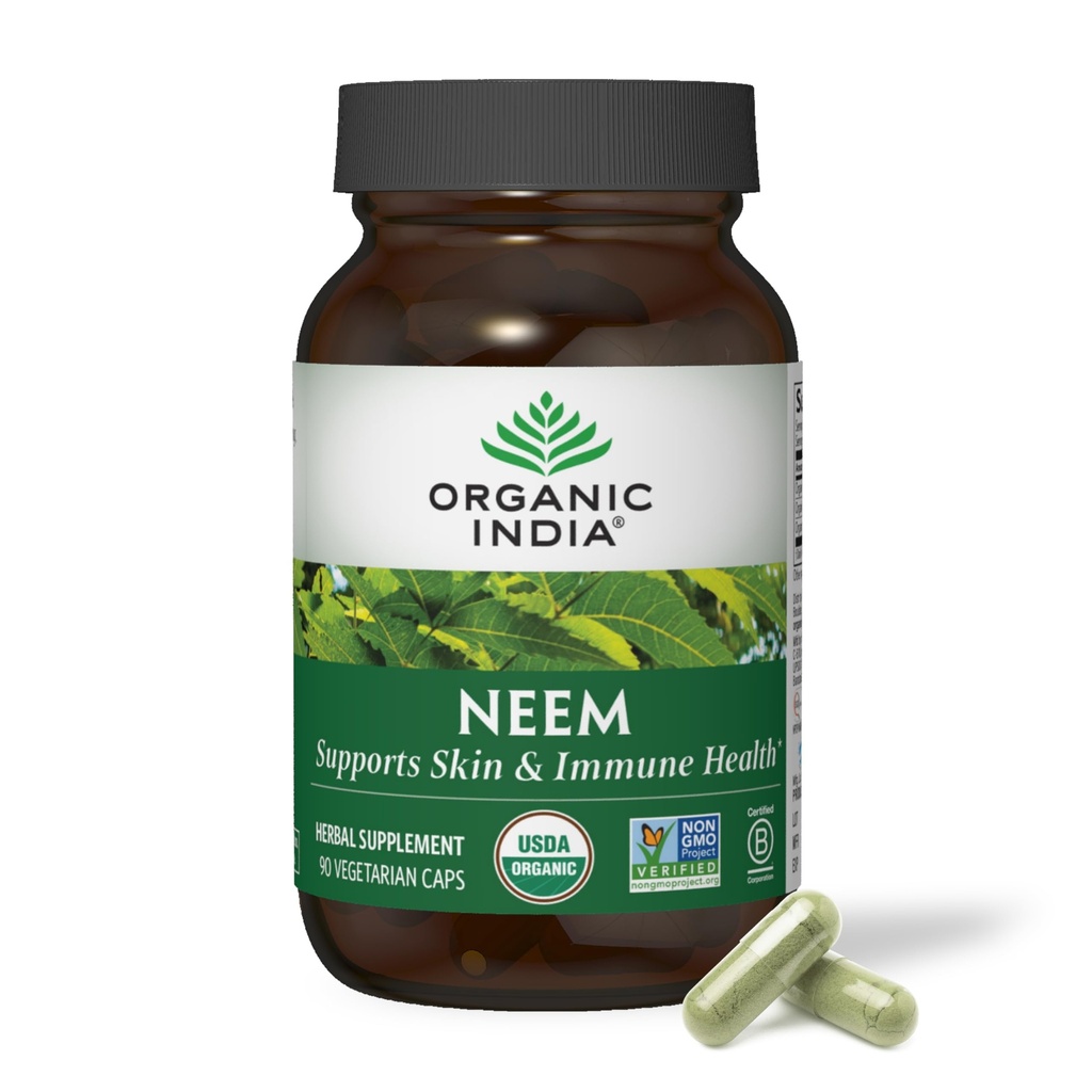 ORGANIC INDIA Neem Leaf Kapsle - Bylinný dodatek, Podporuje kůži a imunitní zdraví, Vegan, gluten zdarma, USDA Certified Organic - 90 Počet