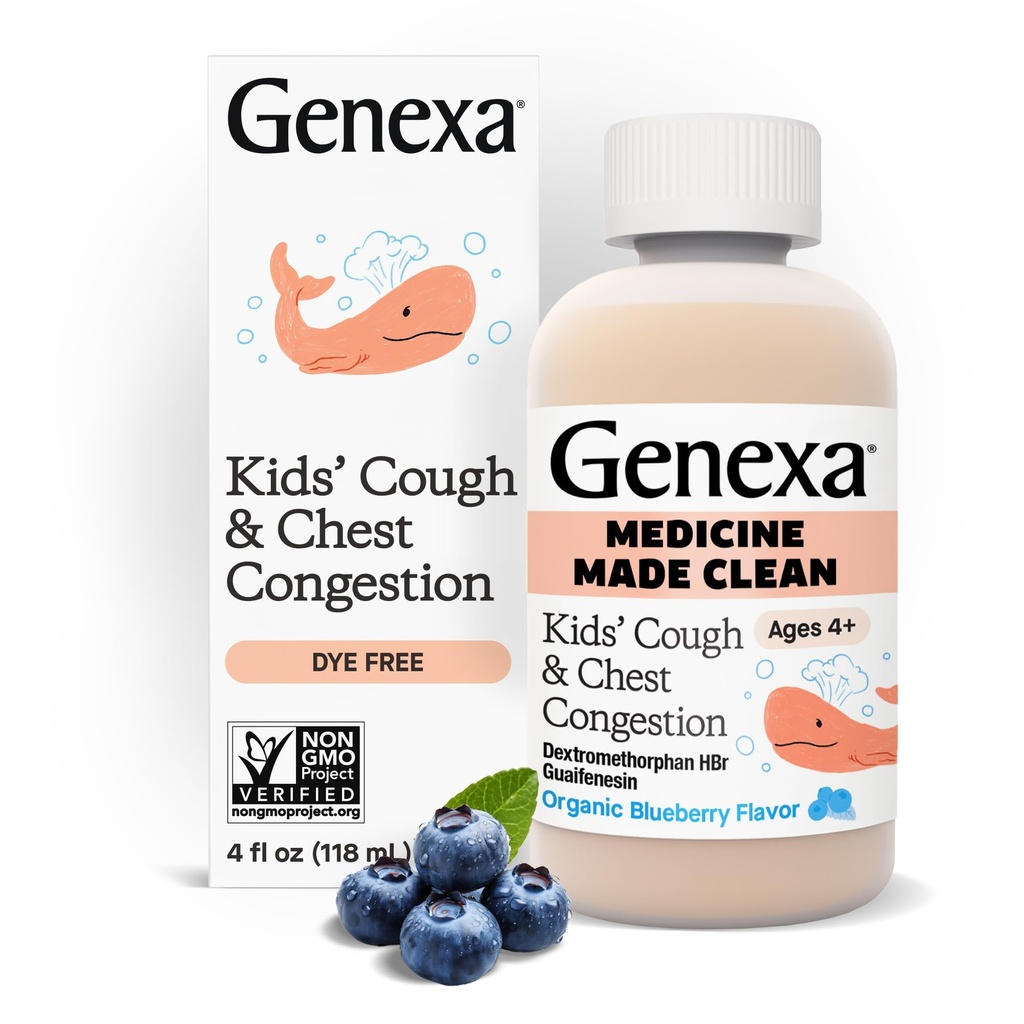 Genexa Kids 'Clean Cough & Chest Congestion Medicine, Barvy Free, 0% umělé přísady, Multi- Symbolické kašel Syrup pro děti 4-11, Kašel Suppressant & Expectorant, Organic Blueberry Flavor, 4 fl oz