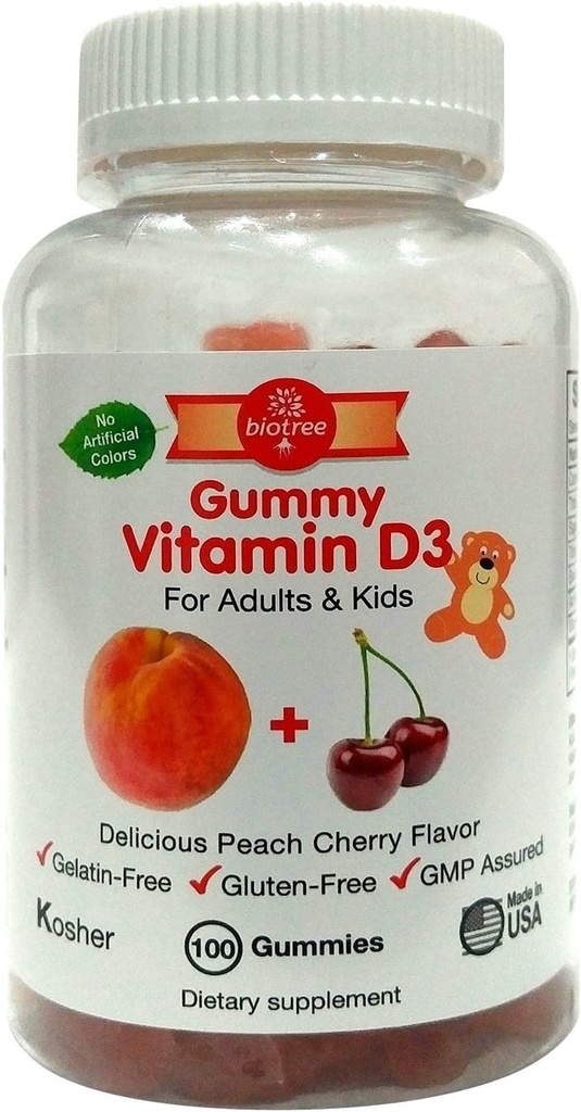Bioree Labs Vitamin D Gummy Bears - balení 100, pro dospělé a děti 124; Broskve a třešně ochucené žvýkací vitamin D3 D124; Skvělé pro zdravé kosti, zuby, imunitní systém, mozek a nervový systém