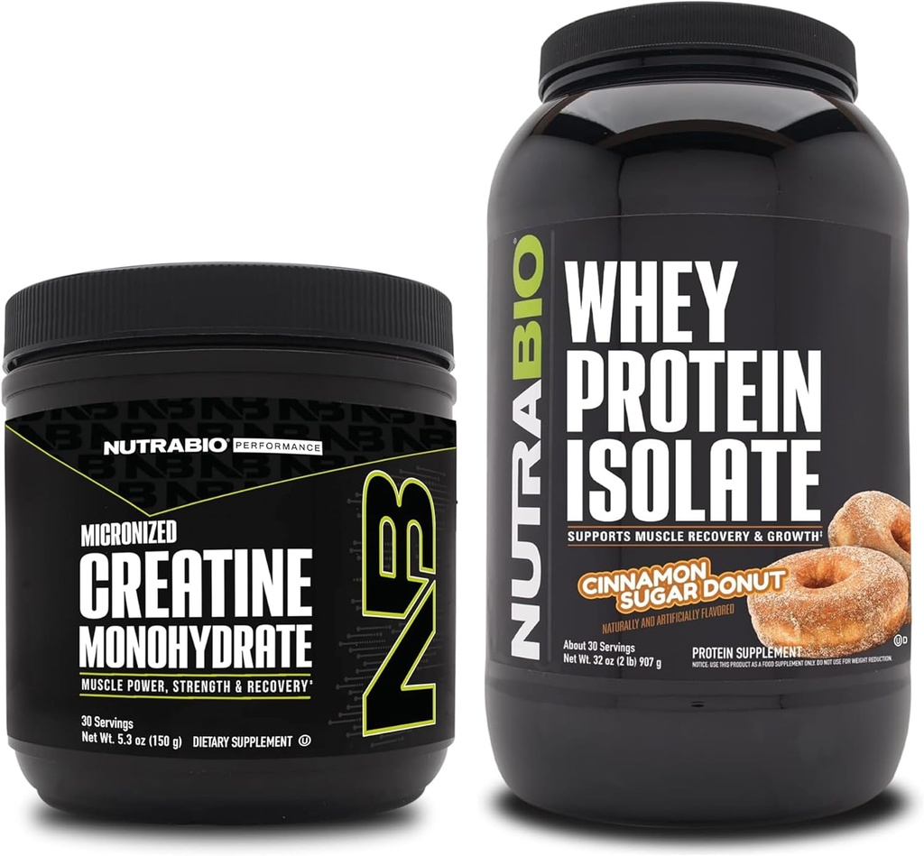 NutraBio Creatin Monohydrát, Neochucené, 150g a syrovátka protein izolát, Skořice Sugar Donut, Doplněk Bundle - Svalová energie, Lean růst svalů, zotavení, a síla