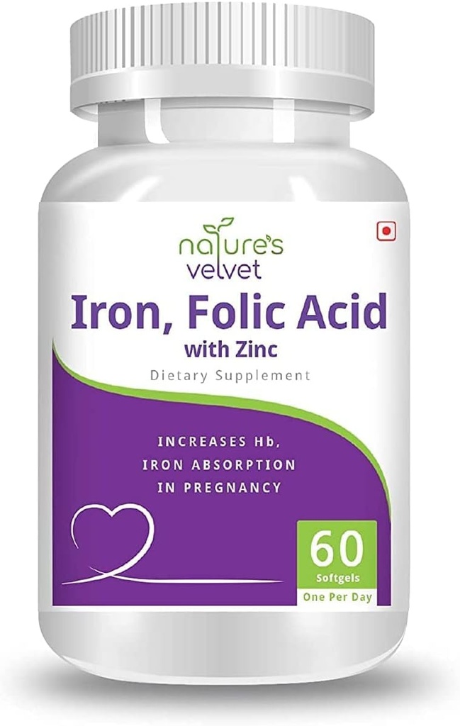 Natures Velvet Lifecare Iron & Folic Acid with Zinc,for Supplementation in Pregnancy, 60 softgels