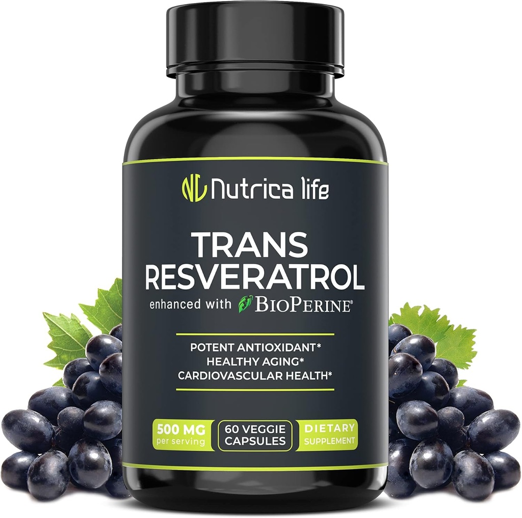 Trans Resveratrol dodatek 500mg potent anti Aging Formule, Výkonný antioxidant pro srdce a buněčné zdraví, Mozkový zesilovač doplňky s bioperine, 60 Veganské Caps