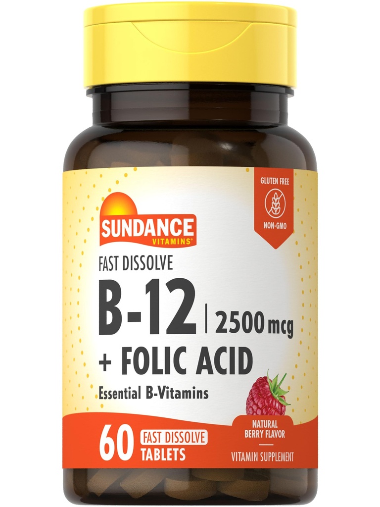 Sundance Fast Disold vitamin B-12 CLAS124; s kyselinou listovou CLAS124; 2500mcg CLAS124; 60 Count CLAS124; Natural Berry Flavor CLAS124; Vegetarian, Non-GMO, a gluten zdarma dodatek