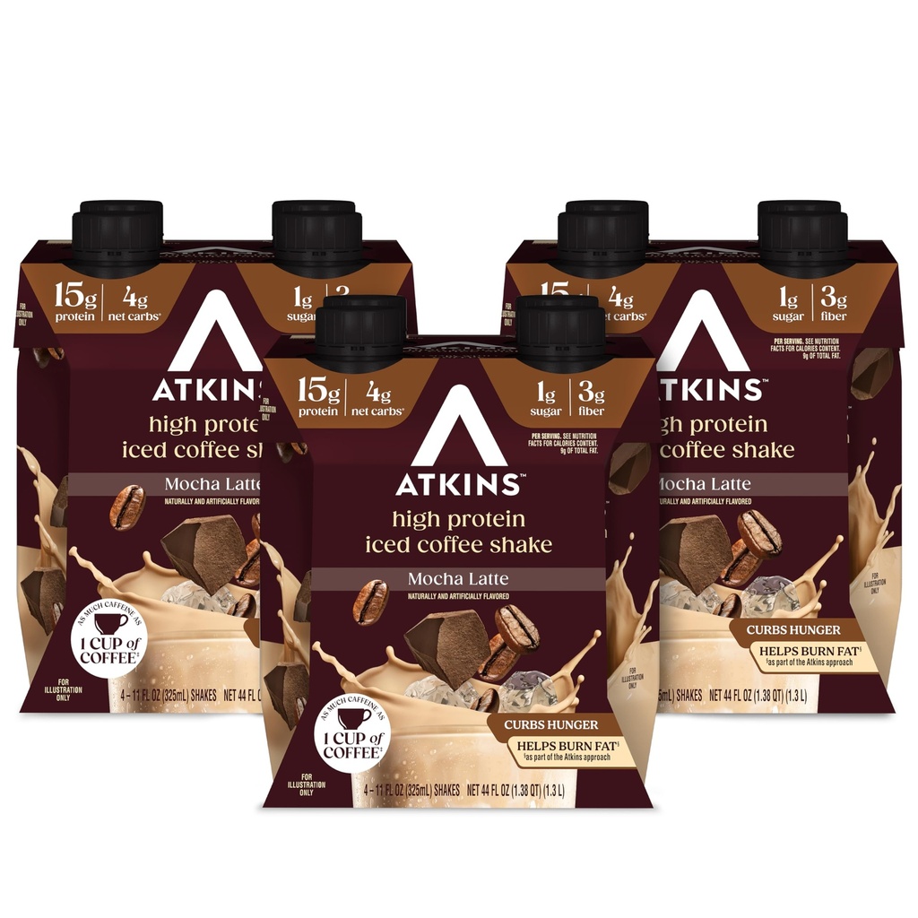Atkins Mocha Latte Iced Coffee Ochucené protein Shake, Vysoký protein, Nízké Glycemické, Nízké sacharidy a Nízký cukr Shake, Keto- Friendly, 12 Pack