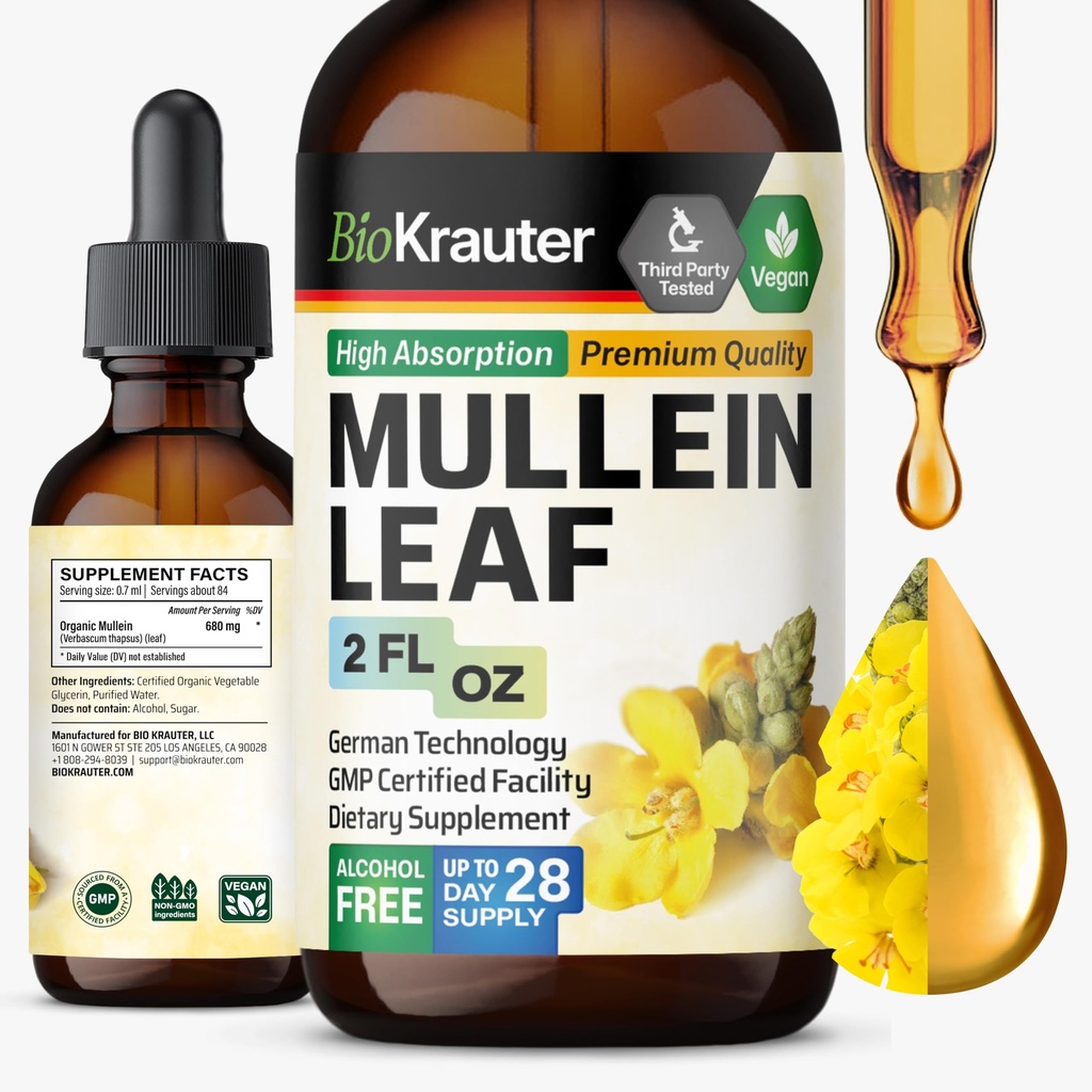 BIO KRAUTER Mullein Leaf Extract for Lungs 2 Fl. Oz - 28 Days of Supply - Pure Mullein Drops for Lung Cleanse & Detox - Vegan Respirační doplňky - Non- GMO, No Sugar & Alkohol
