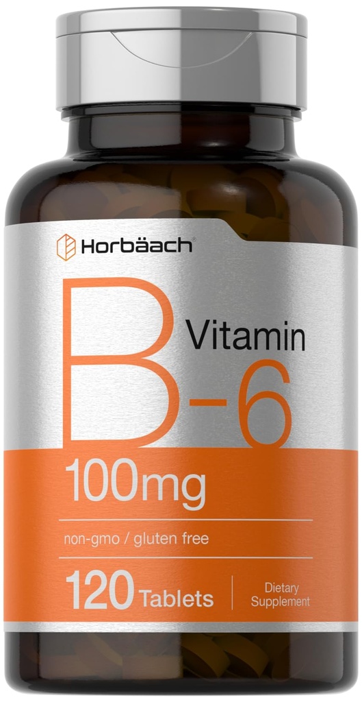 Horbaach Vitamin B6 100mg PHARMAN 124; 120 Vegetariánských tablet Pyridoxin HCl PHARMAN 124; Non- GMO & gluten zdarma dodatek