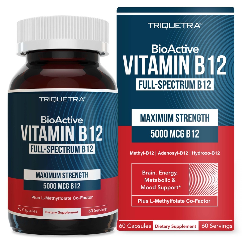 BioActive Vitamin B12 - 5000 mcg, Obsahuje 3 BioActive Forms B12 Plus Metylfolátový kofaktor - Methyl B12, Adenosyl B12 & Hydroxy B12 PHAR124; Podporuje energii, Metabolismus & Mood PHAR124; Vegan, Non- GMO (60 Služeb)