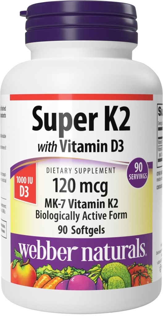 Webber Naturals Super Vitamin K2 MK-7 120 mcg s vitamínem D3, 90 Softgels, podporuje kosti, zuby, a kardiovaskulární systém