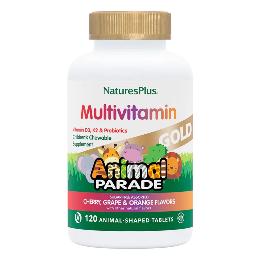 Natures Plus Animal Parade Gold Children 's Multivitamin - 120 Animal- Shaped Chewable Tablety - Asried Cherry, Orange & Grape Flavors - Vegan, Gluten Free - 60 Celkem