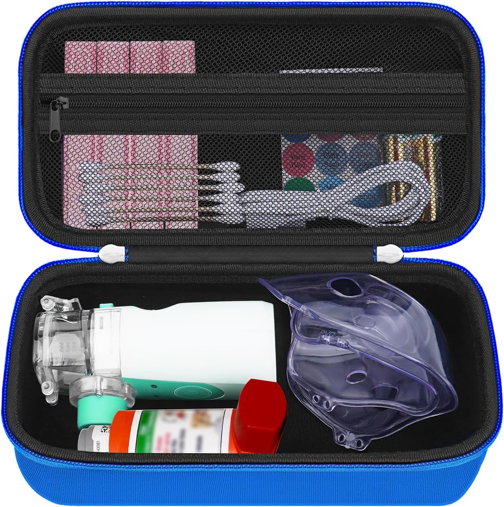 HESTECH Hard Travel Carrying Case for Asthma Inhaler for Inhaler Spacer, Mask, Inhaler Holder Asthma Bag with Mesh Pocket for Saline Solution and Other Essentials, Blue (Pouzdro pouze)