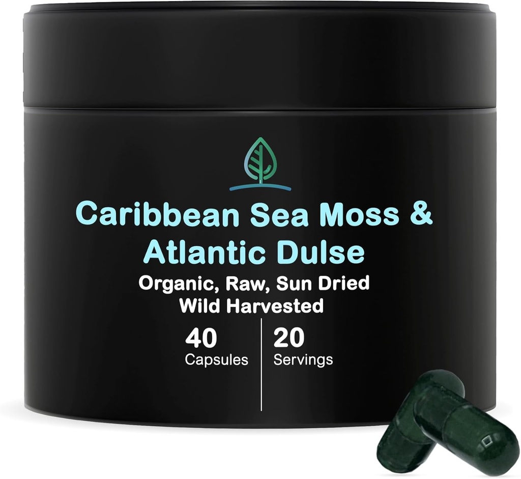 Holistické Bin Organic Moss Kapsle 100% Čisté Karibské moře Moss + Dulse Seaweed 124; Wild Harvested Caps124; No Fillers Az124; Bohaté na antioxidanty, Minerály a jód (40 Kapsle)
