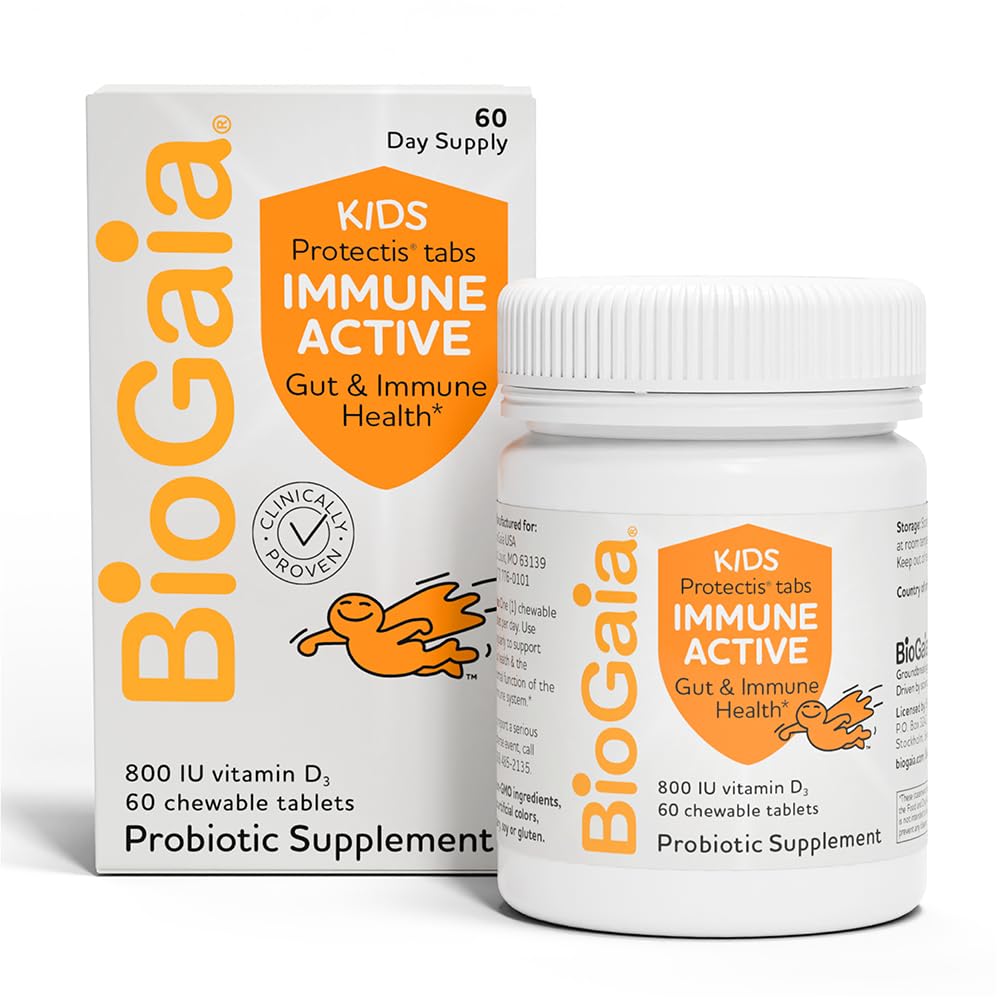 BioGaia Imunitative Active Children 124; Probiotic + Vitamin D '124; pro stravovací a imunitní zdraví 124; Actions 3 + Activity 124; Alergen, Dairy, Soy & Gluten Free Factory 124; Trusted by Pediatricians PHI124; 60 Day Supply 124; Orange Flaused Chewable