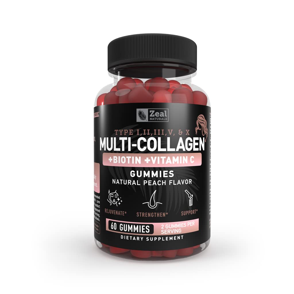 Multi Collagen Peptide Gummies (1, 2, 3, 5 & 10) + Vitamin C + Biotin + Hyaluronic Acid Acid Acid 124; Podporuje zdravé vlasy, kůže a nehtů 124; Non- GMO a gluten- Free Acid 124; Natural Peach Flavor Acid 124; 60 Gummies