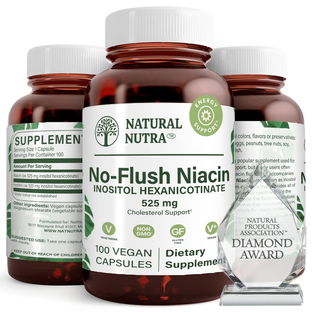 Natural Nutra No Flush Niacin, vitamin B3 dodatek, Pomáhá zlepšit kardiovaskulární zdraví, pomáhá zlepšit kožní texturu, podporuje lepší funkce mozku, pomáhá zvýšit energetickou úroveň 525 mg, 100 kapslí