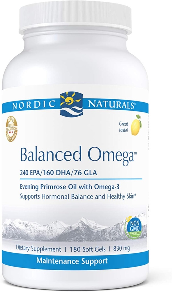Nordic Naturals Pro Balanced Omega - Fish Oil and Evening Primrose Oil, 240 mg EPA, 160 mg DHA, 76 mg GLA, podporuje hormonální rovnováhu a zdravou pleť *, 180 Soft Gels