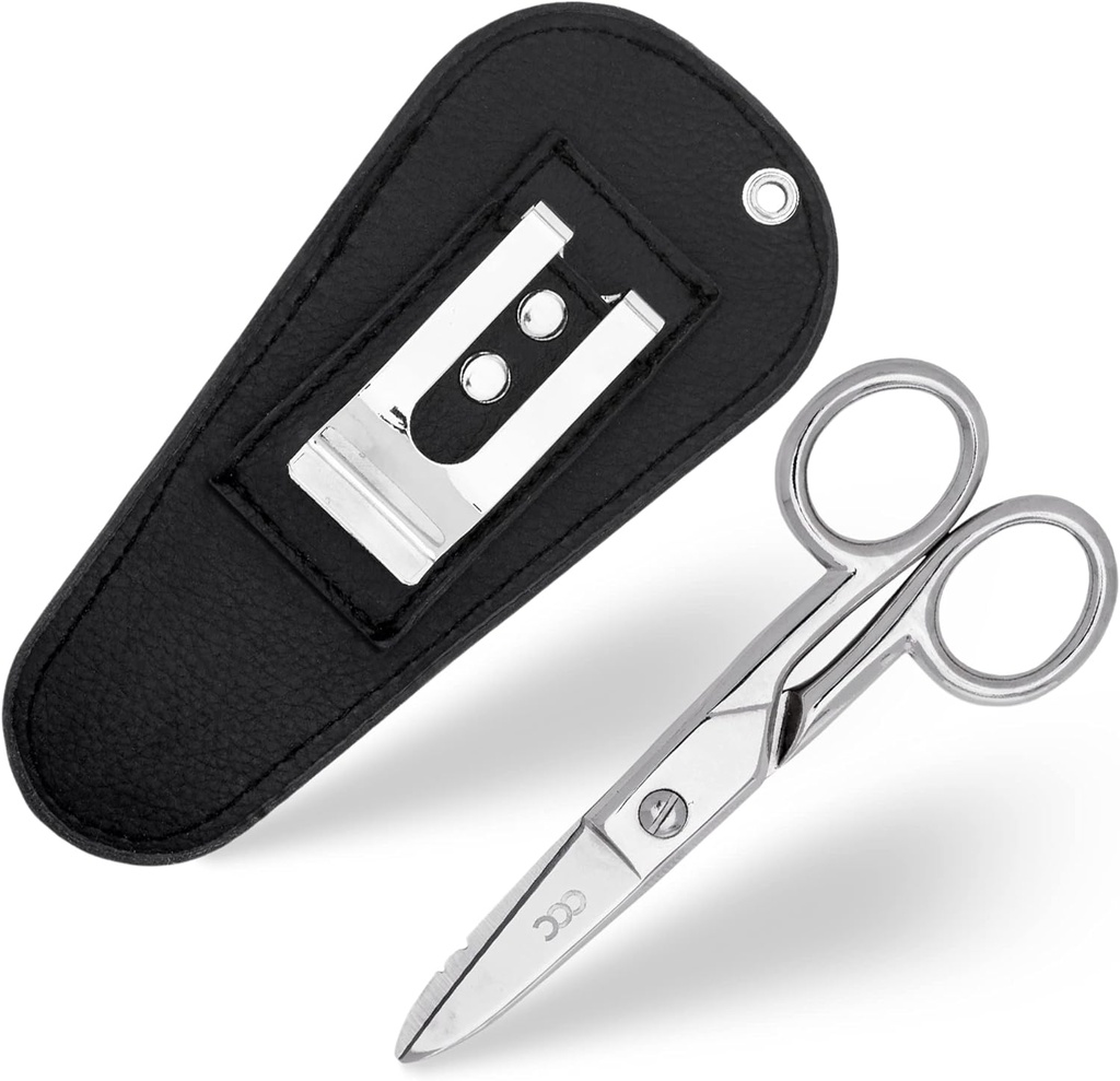 Multiúčelové elektrikářské nůžky s koženým nosičem Pouch - Těžké duty nerezové ocelové elektrické nůžky s odpruženými notami, File & Scraper - Naše nůžky jsou pro pravé a levé ruční použití - černá