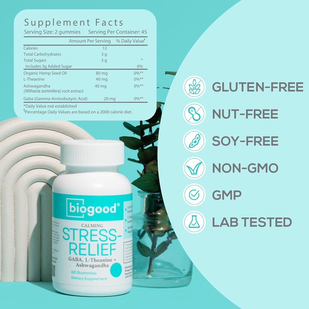 Stress- Relief with Ashwagandha + L- Theanine, GABA PHARMA124; Daily Dose, 60 Gummies