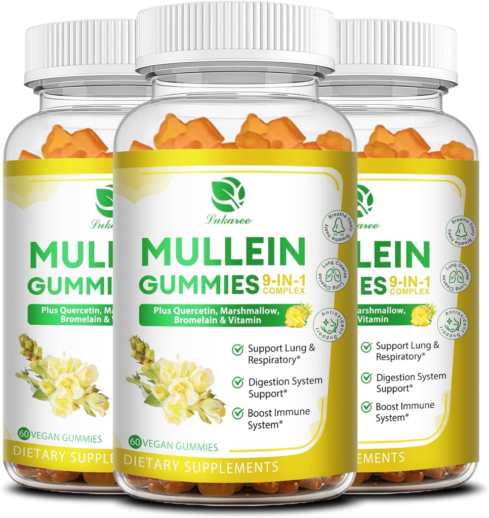 (3 Pack) 9 v 1 Mullein Gummies for Lung Cleanse & Detox, Extra Strength Mullein Leaf Extract w / Quercetin, Bromelain, Elderberry & Marshmallow for Respirační, imunitní a stravovací, Vegan, 180 Počet