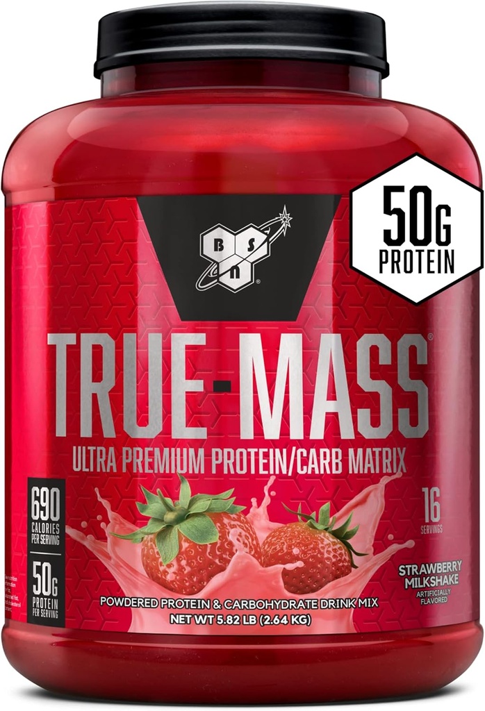 BSN TRUE- MASS Weiner, Muscle Mass Gainer Protein Powder, Strawberry Milkshake, 5.82 Pound