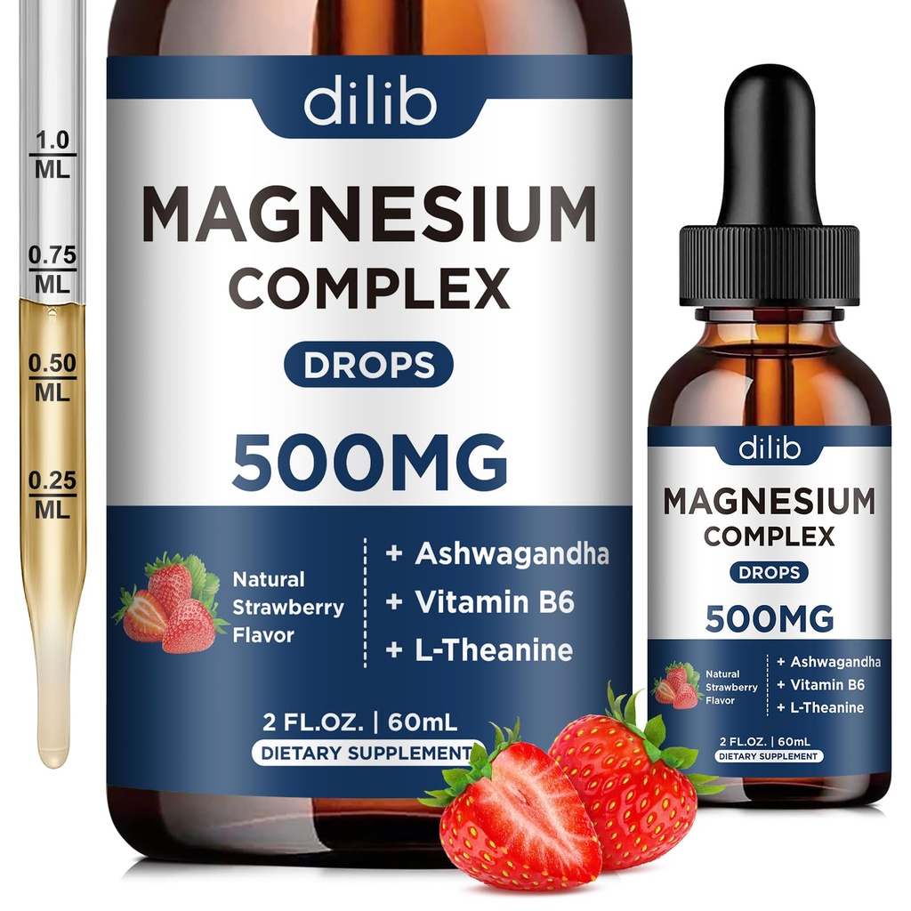 Triple Magnesium Complex Supplement- Magnesium Glycinát, Citrát, Malate Liquid Drops 500 mg s Ashwagandha, L- Theanine, Vitamin B6 pro Stress Relief, Sleep, Muscle Support- Strawberry Flavor