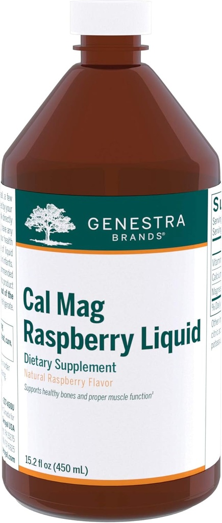 Genestra Brands Cal Mag Raspberry Liquid CLAS124; vápník a hořčík Citrát Formule s vitaminem D CLAS124; 15.2 f. oz.