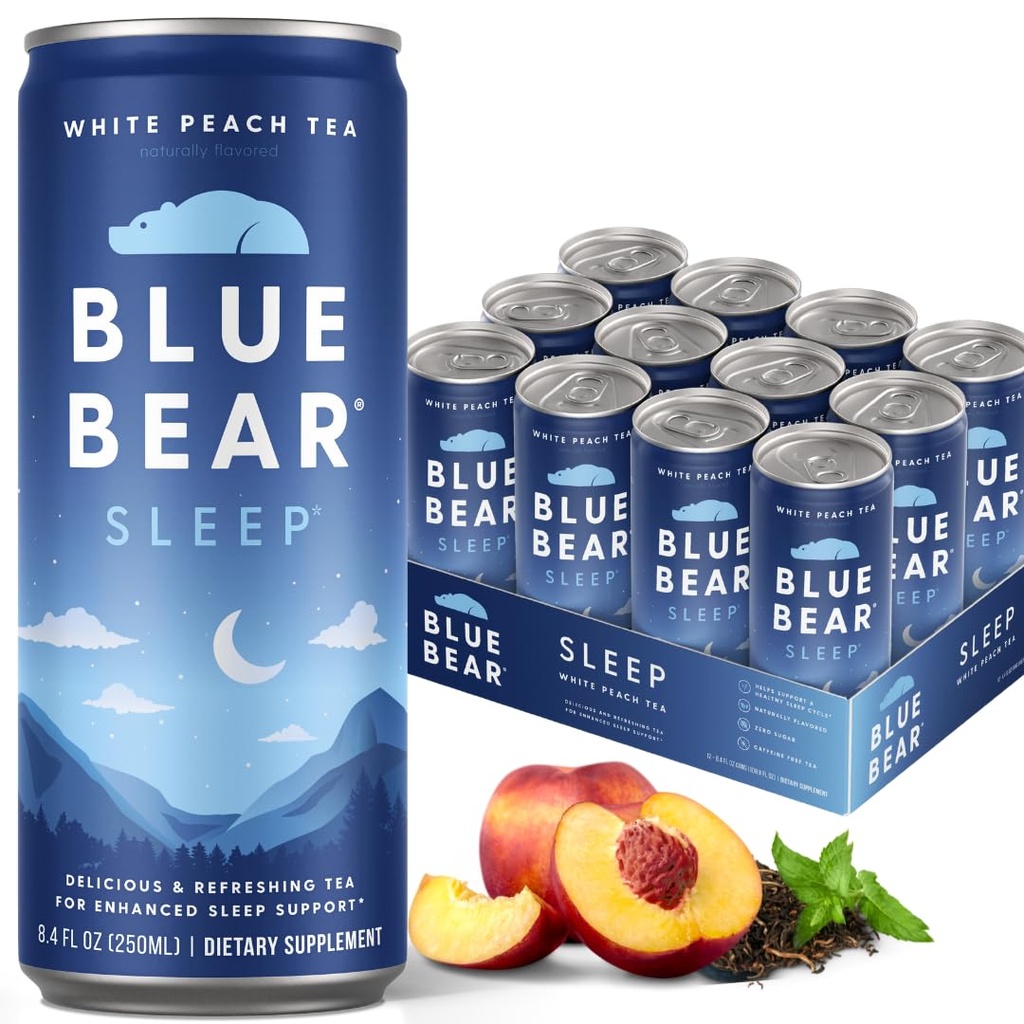 Blue Bear Melatonin Sleep Drink, Spánkový čaj pro Bedtime Support, White Peach Tea with Melatonin (5mg), Levandule, Ashwagandha, Heřmánek, GABA, L-Theanine, Caffeine-Free, Nulový cukr, 8.4 Fl Oz 12-Pack