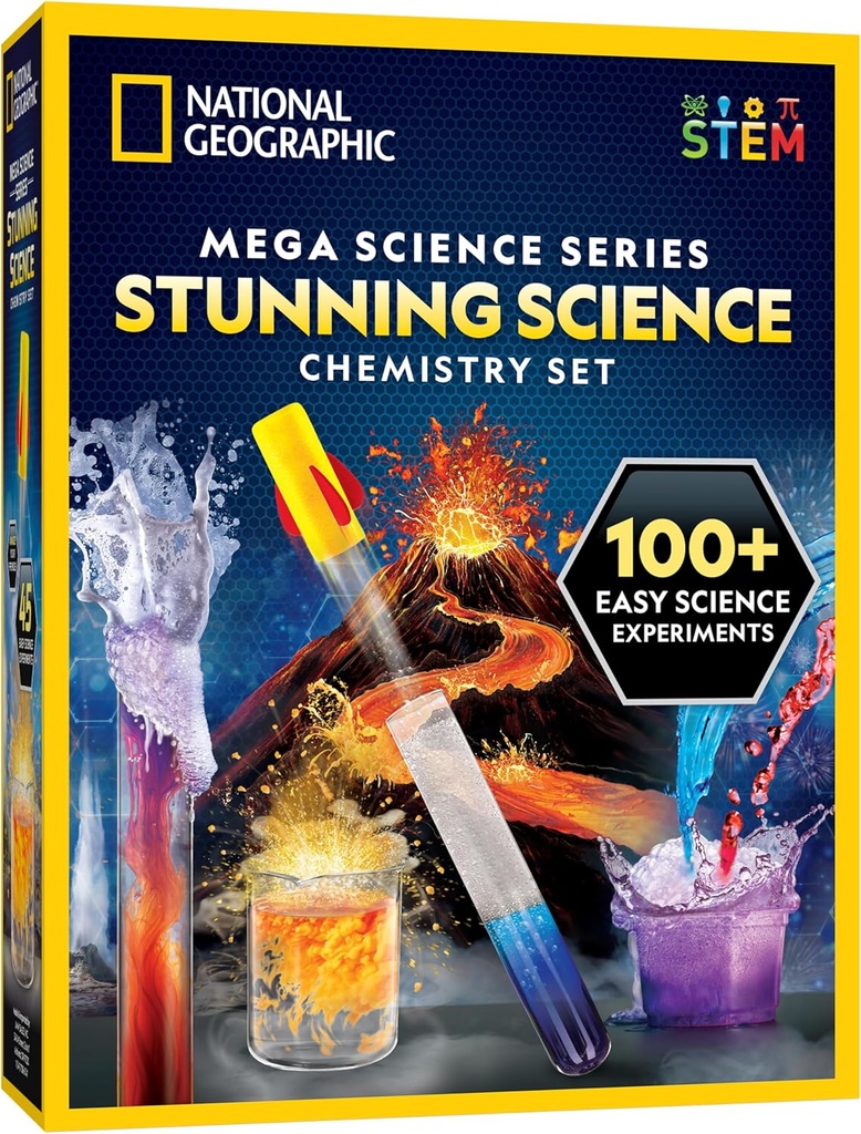 National Geographic Stunning Chemistry Set - Mega Science Kit s 45 Snadnými experimenty - Vytvořit sopka a spustit raketu, STEM projekty pro děti věku 8-12, Věda Hračky (Exkluzivní)