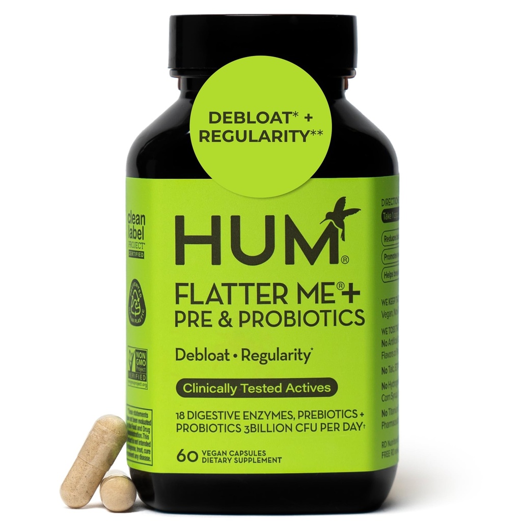 HUM Fotter Me Digestive Enzymy Plus Prebiotika & Probiotika, Digestive Health Bloating dodatek pro ženy a muže, Rychle působící Anti Bloat pilulky Multi enzym pro debutaci, Vegan, 60 Kapsle