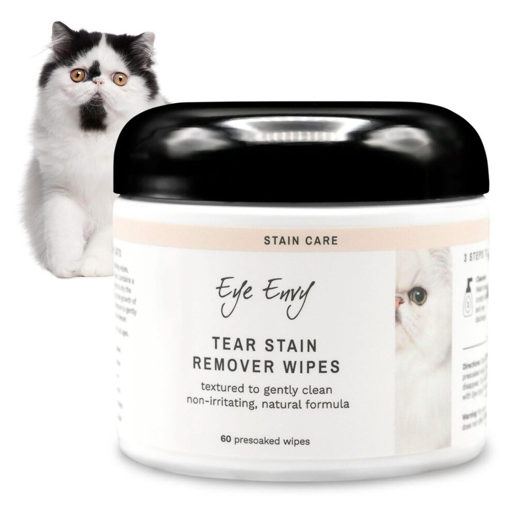 Eye Envy Tear Sain Wipes for Cats. Textured to Gently Clean, Treats The cause of Staining. 100% přírodní vzorec. Doporučeno perskými a exotickými chovateli, veterináři, Groomery. USA Made. 60 Cat Eye Wipes