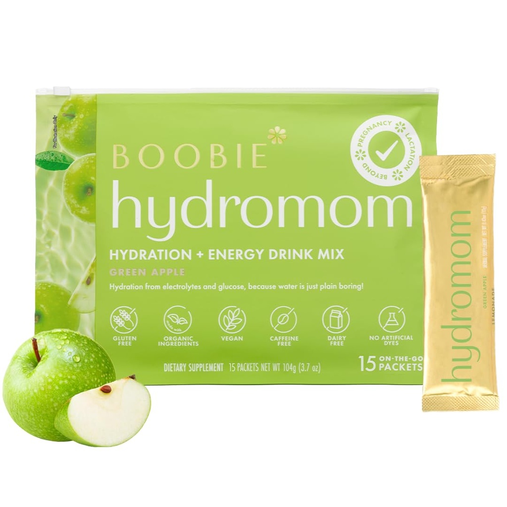 Boobie Hydromom Superfood Electrolyte Drink Mix, Green Apple 124; Osvěžující energie & Hydration Boost pro Mamas 124; On- The- - & Cestování Essentials pro těhotenství, laktace, & Beyond, 15 Packets