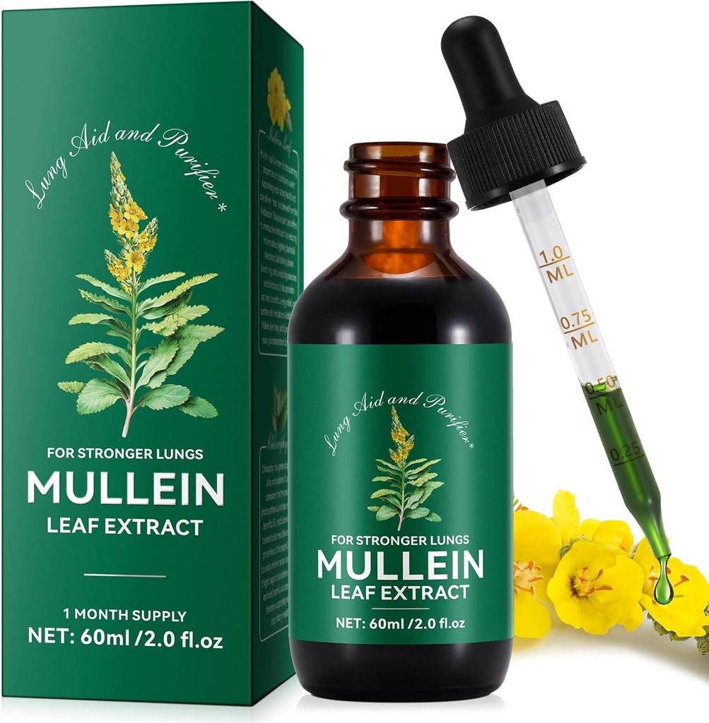 Mullein kapky pro plíce, Mullein Leaf tinktura kapky 124; 2 fl oz cr124; Mullein Leaf extrakt pro plíce detox a respirační plíce zdraví, podpora pro dýchání, přírodní bylinný dodatek